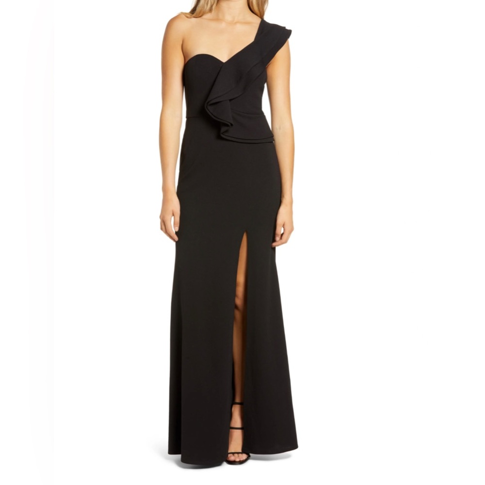 Black, one- shoulder formal dress with ruffle detail